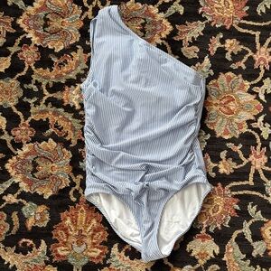 J.Crew Re-Imagined One-Shoulder One-Piece Swimsuit | Size 12 | Blue Seersucker